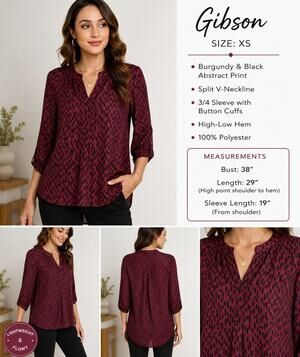 Gibson XS Burgundy Black Abstract Print Sheer Blouse 3/4 Sleeve High Low Top